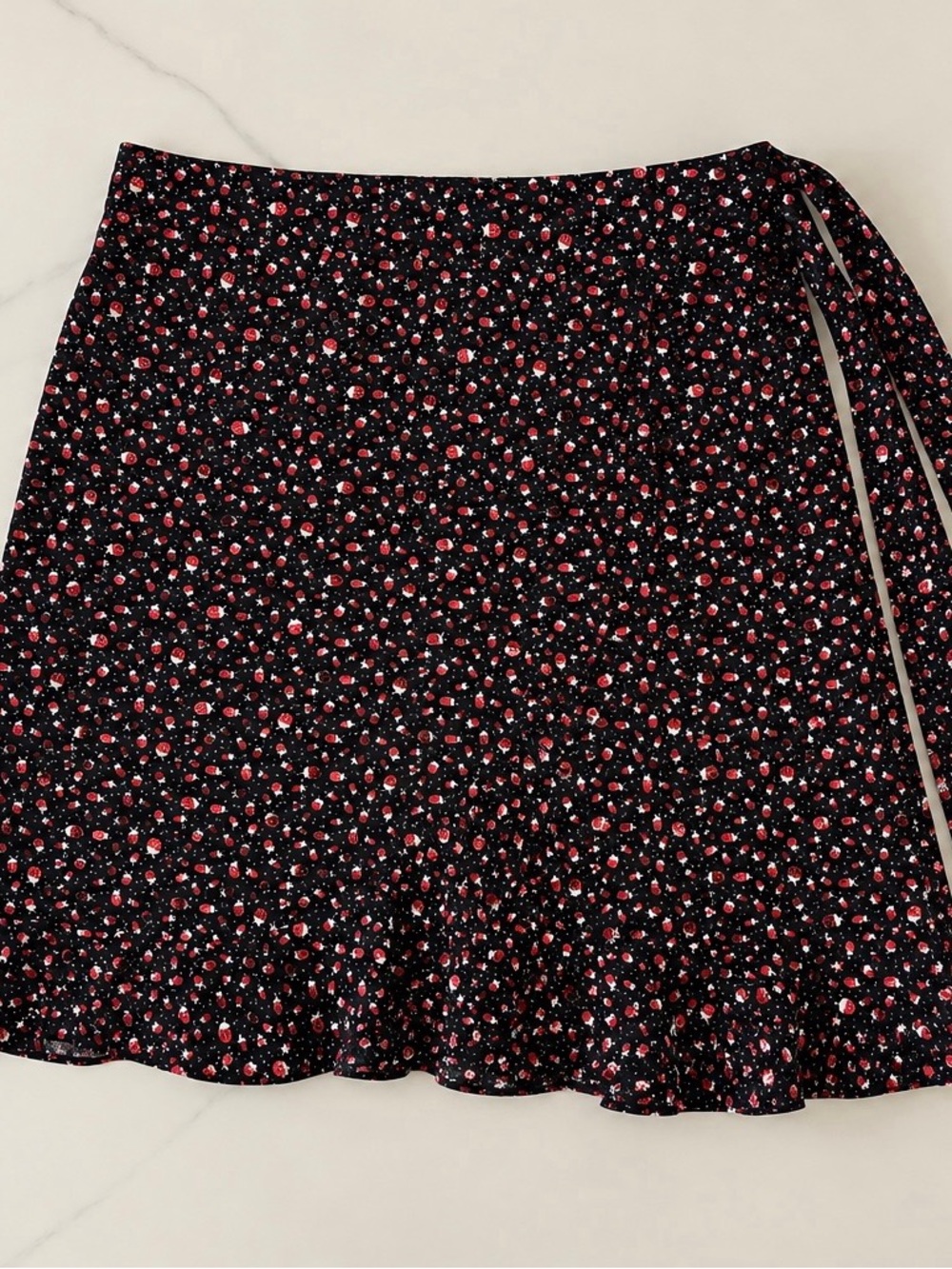 LOFT Black Floral Circle Skirt with Red and Pink Dots